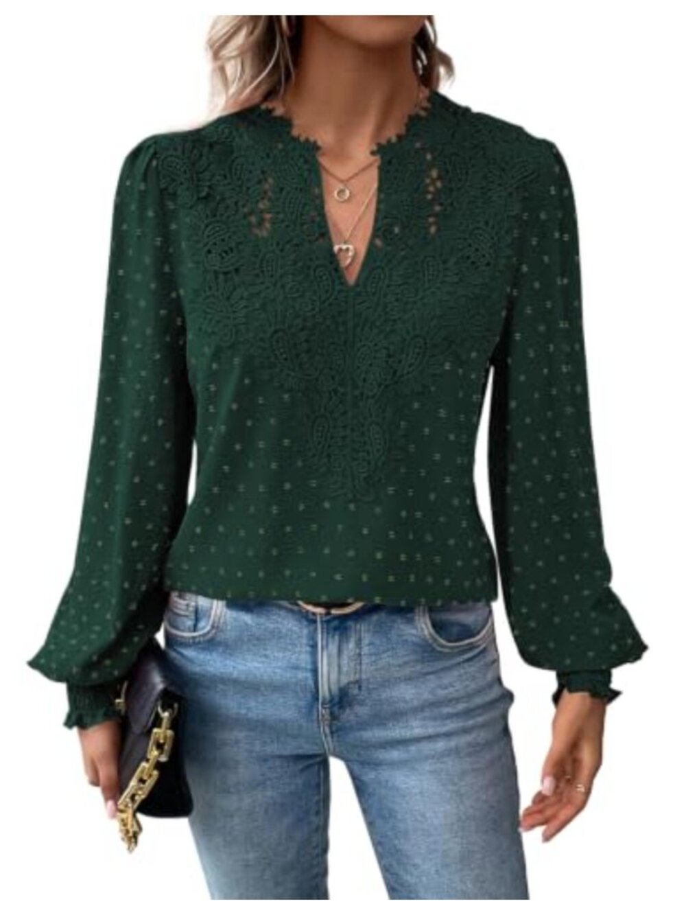 Womens Boho Flowy Lace Floral V Neck Long Sleeve Blouse Top